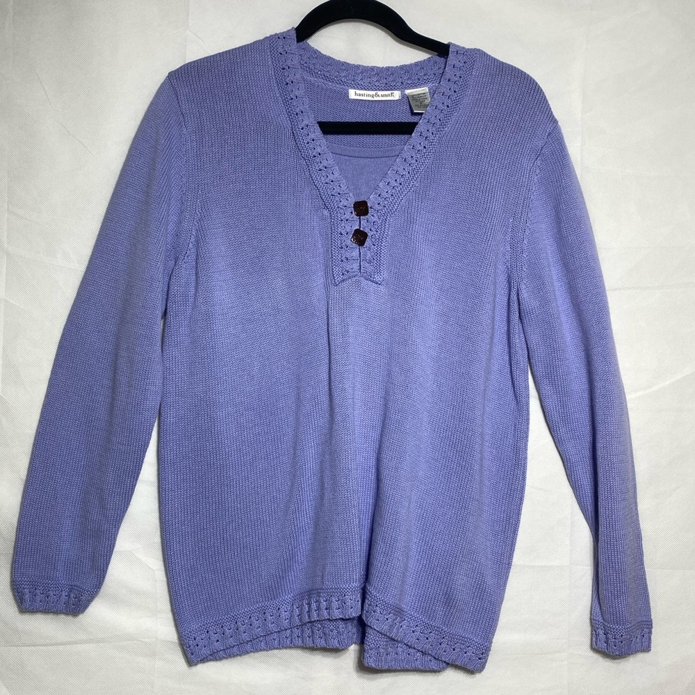 Hasting & Smith Periwinkle Blue Knit V-Neck Sweater Button Detail Medium